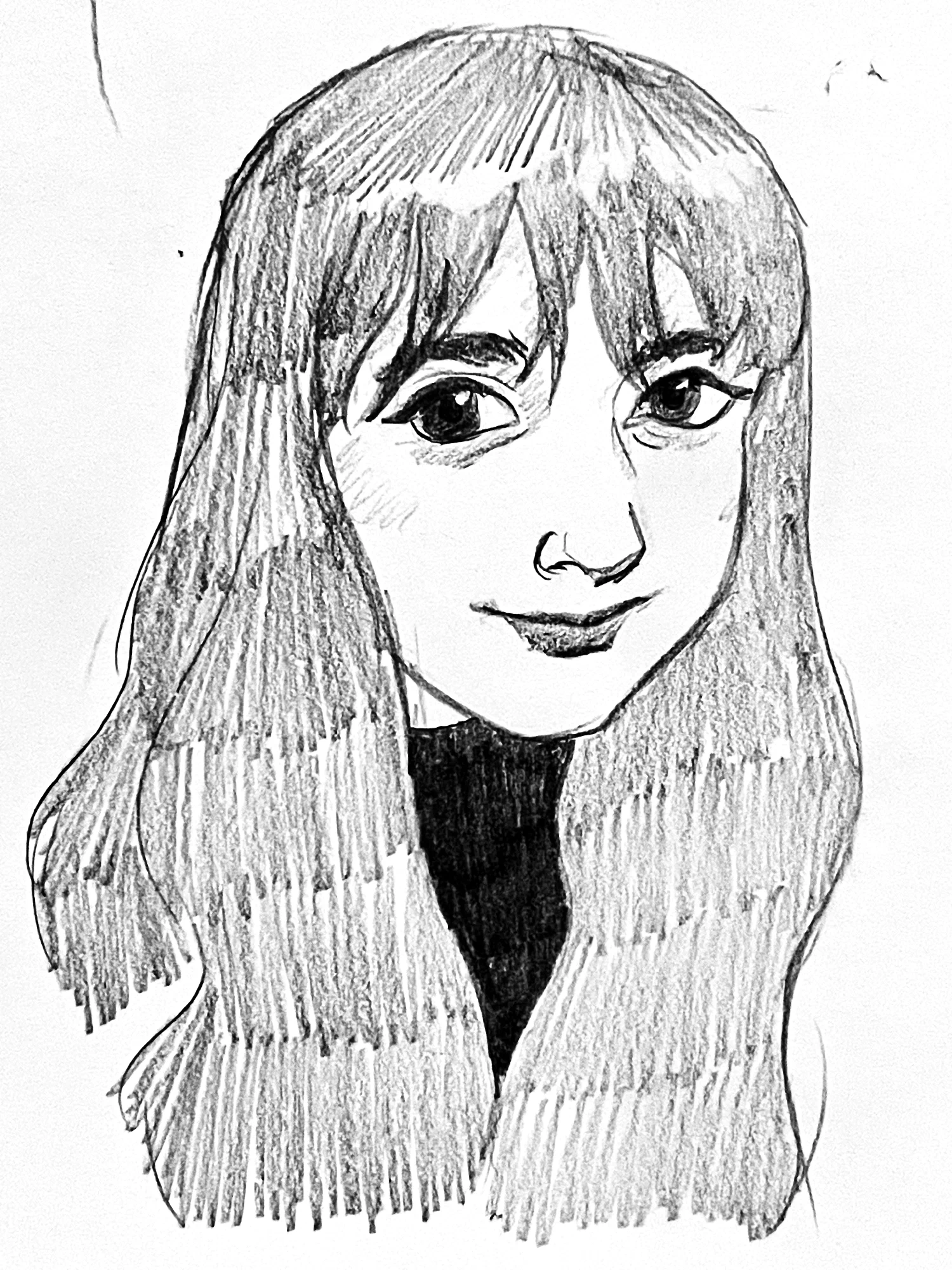 Pencil Sketch of Young Woman With Bangs and Long Hair