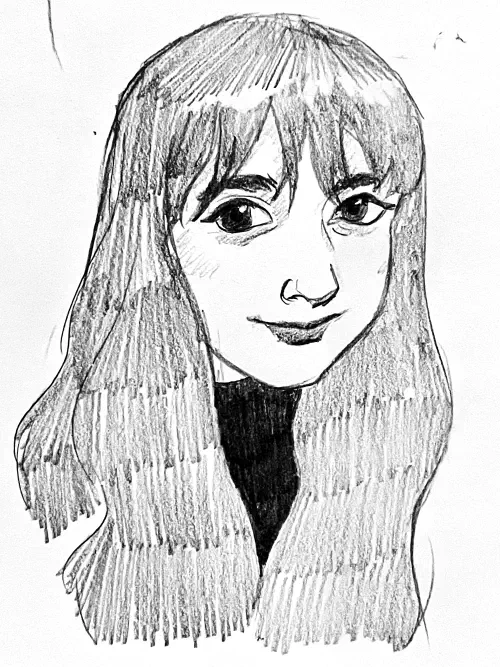 Pencil Sketch of Young Woman With Bangs and Long Hair