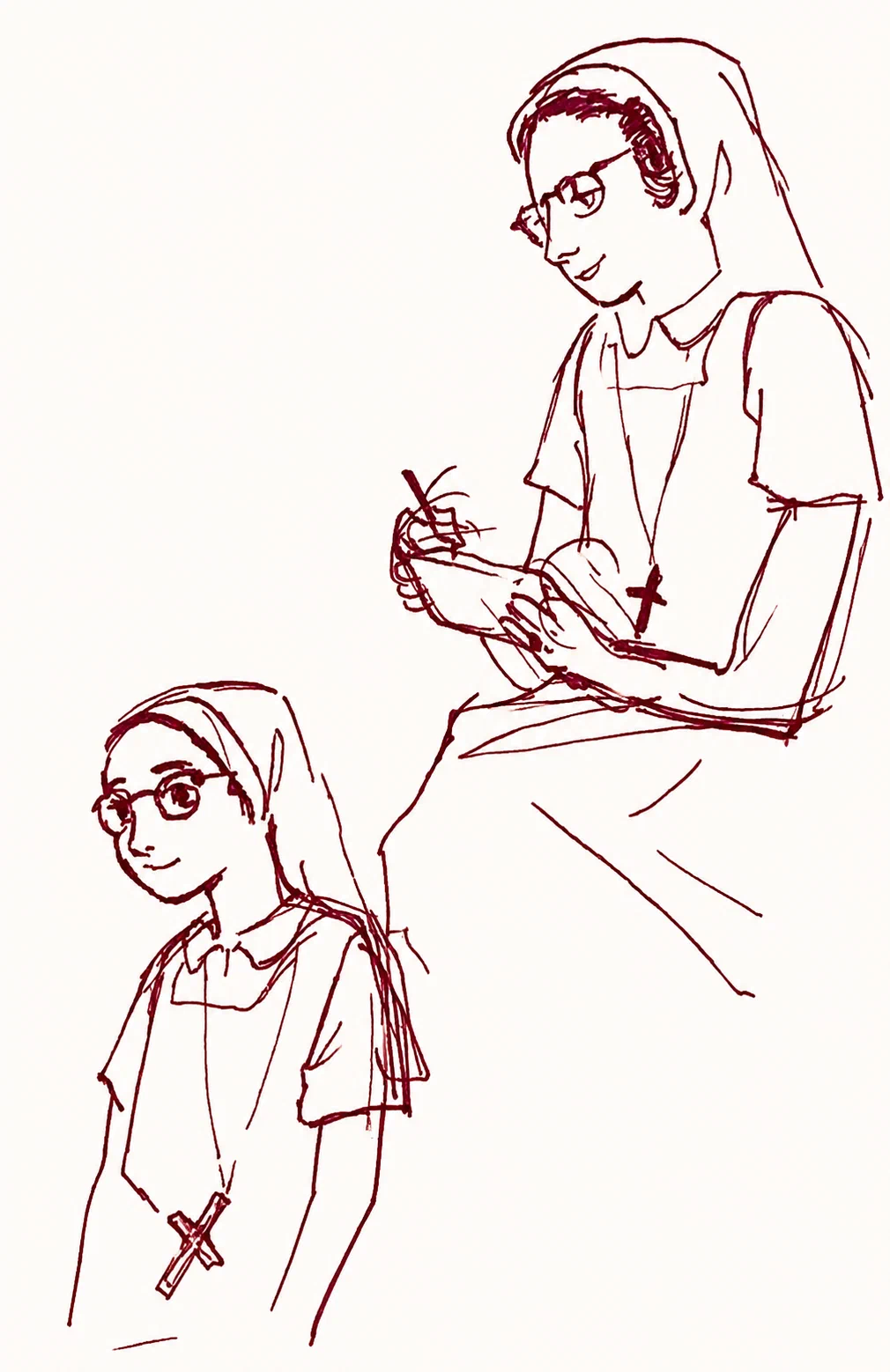 Sketches of Nuns in Pink Pen