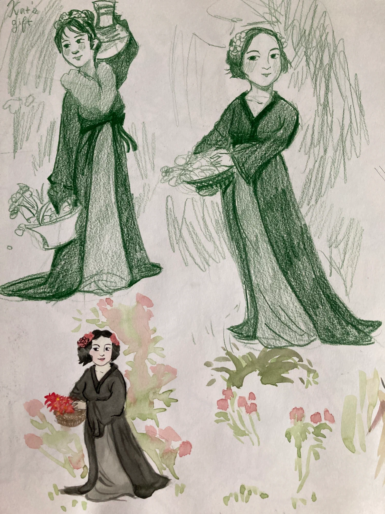 Watercolor Woman in Traditional Asian Style